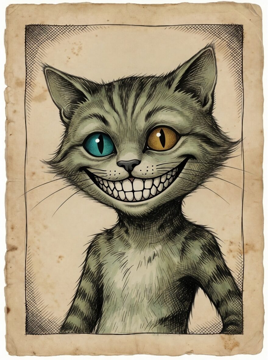 Chess, the Cheshire cat of Chess and Stilz &mdash; rendered in pen-and-ink crosshatching with mismatched teal and gold eyes
