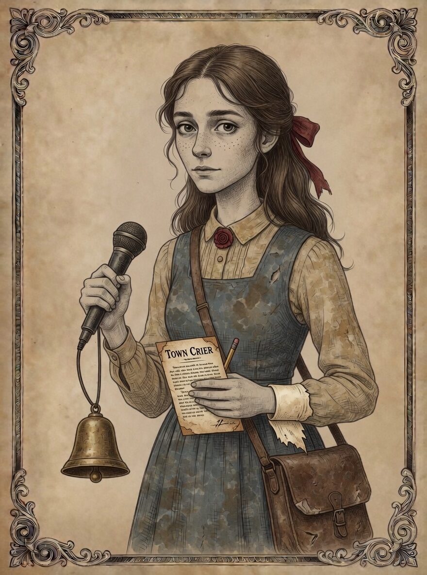 Clara Bell, a girl with honey-brown hair and an oxblood ribbon, holding a tarnished brass bell