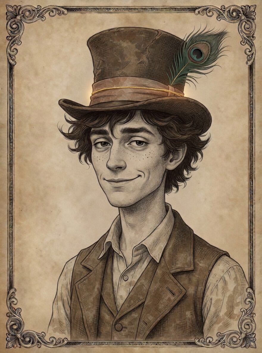 The Hatter, rendered in pen-and-ink crosshatching with a parchment-cream face and a single bright gold thread in the hatband