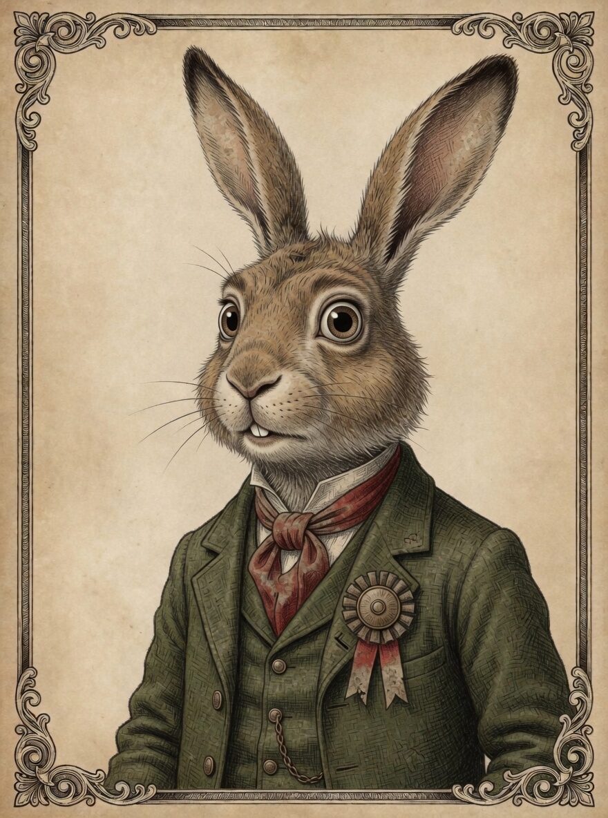 The March Hare, a chapbook-tinted rabbit in a russet waistcoat, mid-speech