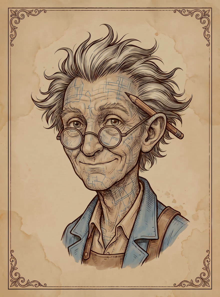 Master Pell Untold, a tinkerer with hopeful eyes, surrounded by half-fixed objects