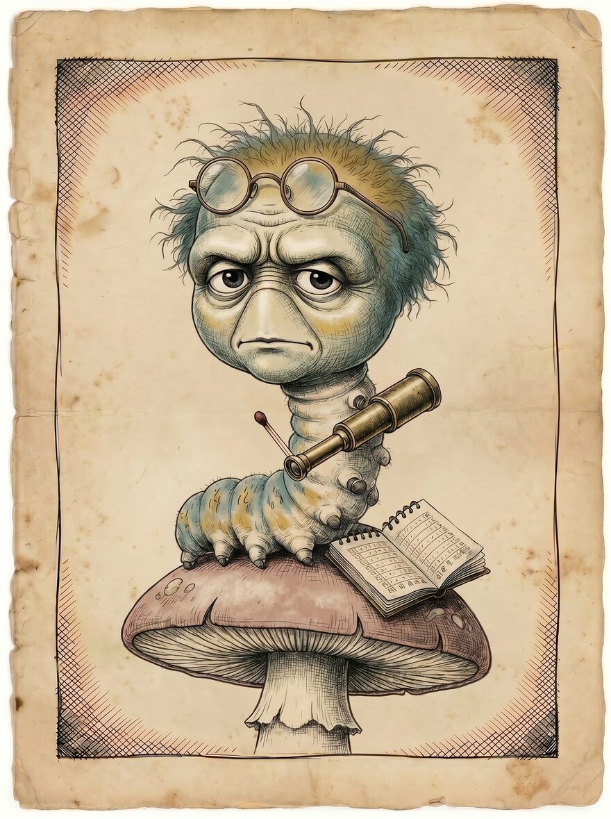 A character of Chess and Stilz on a mushroom with a ledger and a brass telescope, rendered in pen-and-ink crosshatching